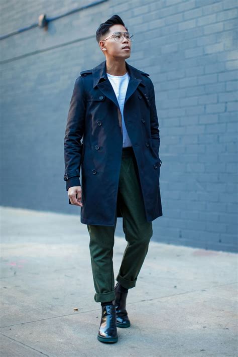 navy trench coat outfit men's